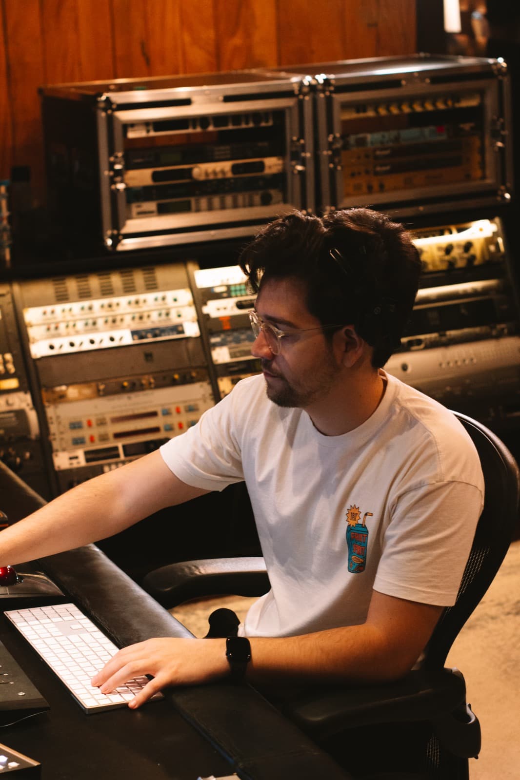 Felipe Penteado at the studio mixing console